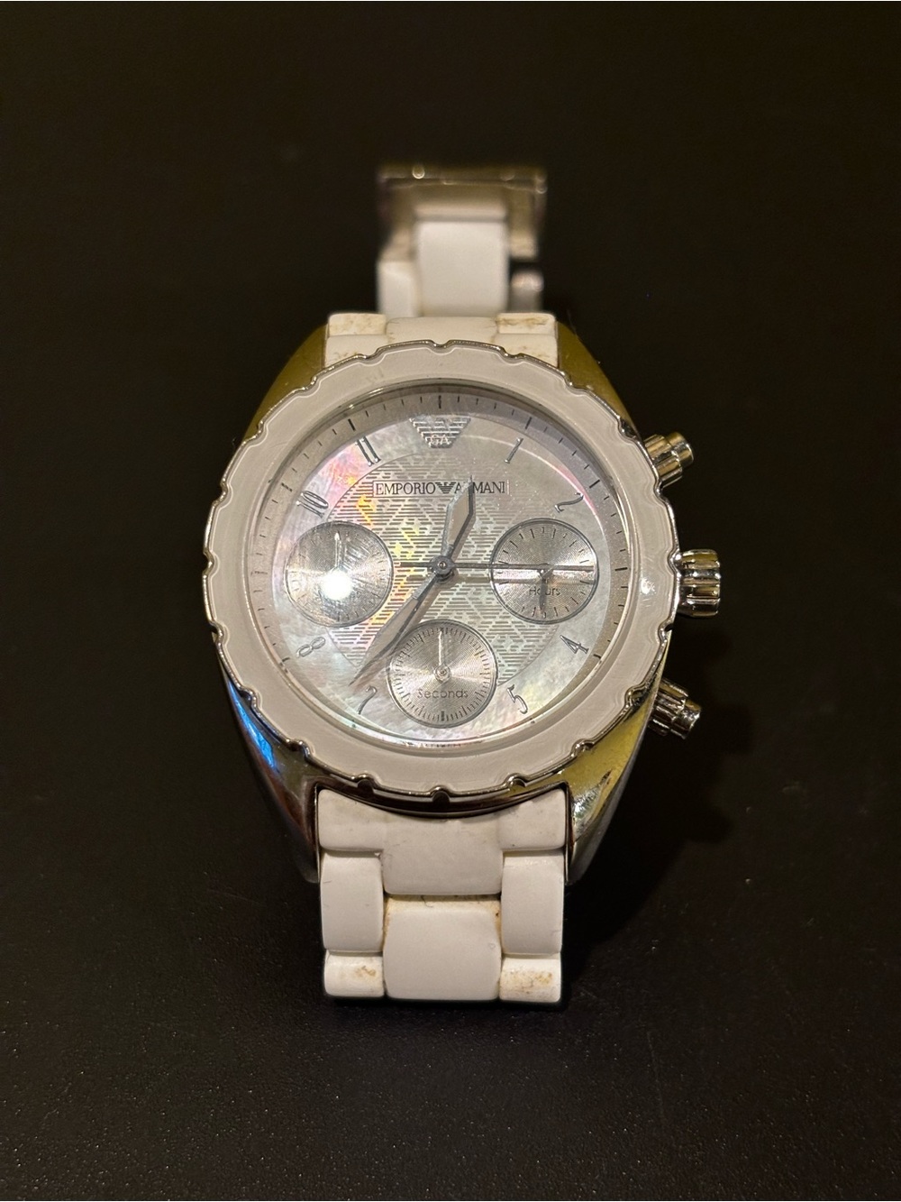 Emporio Armani White and Silver Chronograph Watch with Mother-of-Pearl Dial
